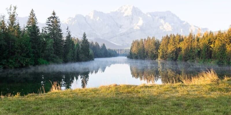 Ausschnitt der Natur mit Wiese, Wasser, Bäumen und Bergen