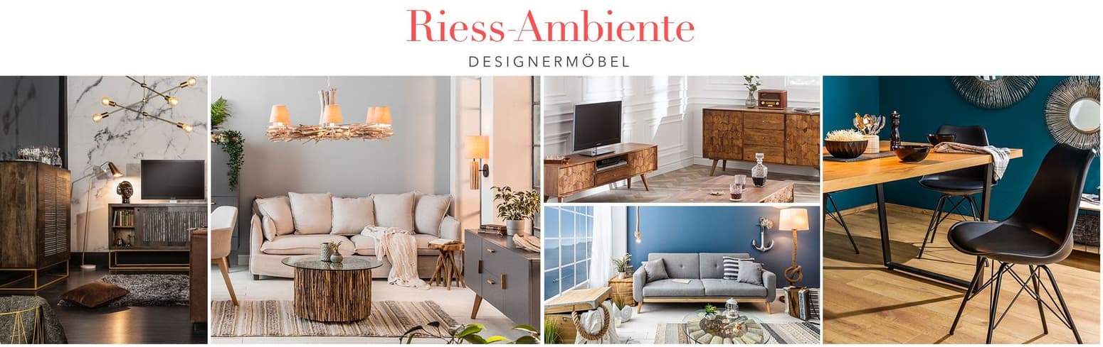 Riess-Ambiente Logo mit drei Bildern aus dem Esszimmer und Wohnzimmer