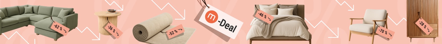 Furniture deals banner showing discounts up to 70% on sofas, tables, rugs, beds, chairs, and wardrobes with the label M-Deal
