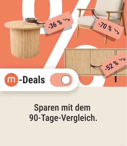Infokachel zu m-Deals – mit 90-Tage-Preisvergleich und Deal-Filter-Schalter.